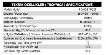 Maksan PO602T  Çift Katlı, 12x30 cm Pizza Kapasiteli Elektrikli Termometre Göstergeli