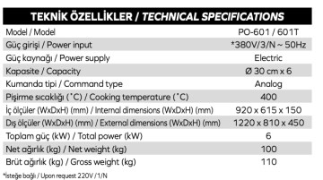 Maksan PO601T Tek Katlı, 6x30 cm Pizza Kapasiteli Elektrikli Termomete Göstergeli